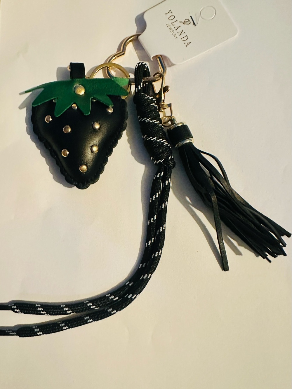 Black Faux Leather Studded Strawberry Bagcharm Keychain Tassel Accessory